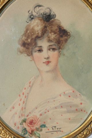 Fine 19c Antique Miniature Portrait Of A Young Lady Watercolor Signed