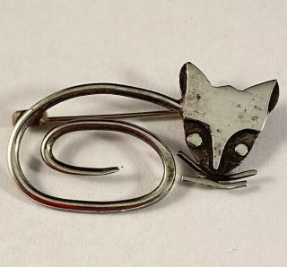 Fun Vintage Taxco Signed Sterling Silver 925 Kitty Cat Modernist Brooch Pin :)