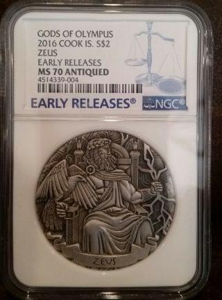 2016 $2 2oz Cook Island Gods Of Olympus " Zeus " Er/silver/antiqued Ngc 70