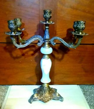 Old Vintage Neoclassical Style Brass & White Marble Candelabra,  H 13.  5 " W 12 " /6 "
