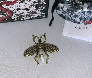 Gucci Antique Gold Bee Brooch Pin With White Pearl