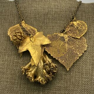 Vintage Naturalist Cottonwood Oak Leaf Bib Necklace Earrings Gold Metal Dipped