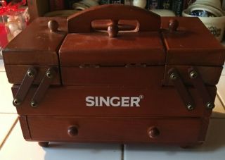 Vintage Singer Sewing Wood Box Accordion Fold Out Storage Drawer With