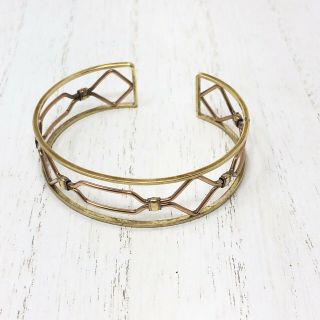 Vintage Signed Krementz Gold Filled And Copper Geometric Cut Out Cuff Bracelet