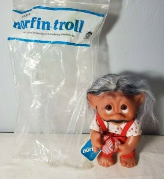 Vintage Thomas Dam Troll Doll 9 " Denmark Norfin Snookums W/ Tag And Bag
