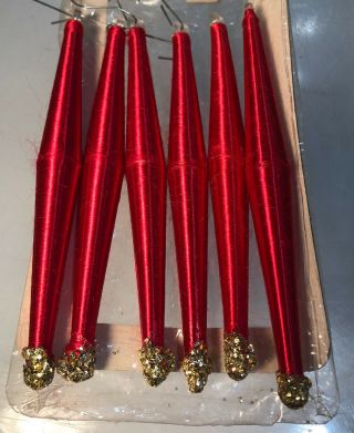 6 Vintage Mid Century Christmas Spun Red Silk Satin Wrapped Icicle Ornaments