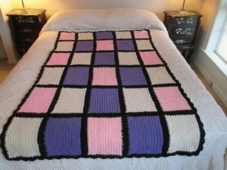 Vintage Hand Crocheted Patchwork Afghan Blanket Throw 48 X 68 " Pink Purple Ivory