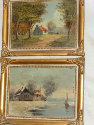 Antique 19th Century Homestead Landscape Oil Painting Framed Set One Signed