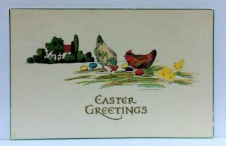 1913 Tuck Easter Greetings Rooster Hens & Chicks Colored Eggs Vintage Postcard