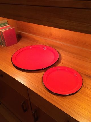 Set Of 2 Vintage Mid Century Modern Large 14” Small 9” Red Enamel Plate Tray Mcm