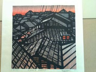 Clifton Karhu Woodblock Print.  Title " Rain And Roofs " Number 23/100