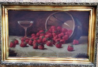Strawberries & Wine Oil Antique Painting On Board.  14 " X 22 "