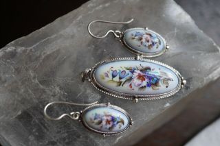 Vintage 800 Silver Hand Painted Flowers Porcelain Insert Pendant & Earrings