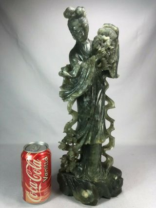 Large Heavy Ornate Chinese Hand Carved Spinach Jade Stone Flower Lady 16.  5 " Tall