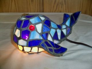 (u) Vintage Tiffany Style Stained Glass 7 " Whale Lamp W/ Red Eyes,  Night Light