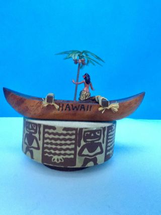 Vintage Hawaii Souvenir Music Box W/ Hula Girl,  Canoe - Spins Plays Tiny Bubbles