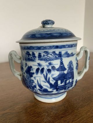 Antique Chinese Canton Blue White Porcelain Sugar Bowl With Lid 18c