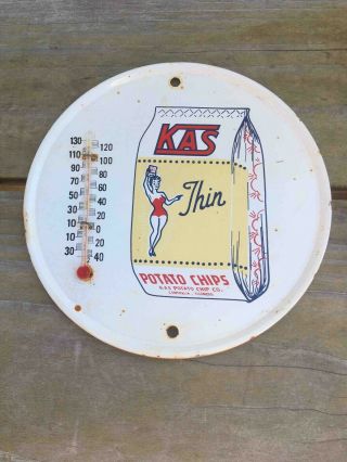 Vintage Kas Thin Potato Chips Round Metal Advertising Thermometer