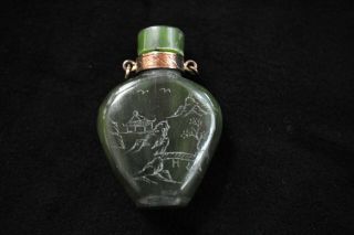 Unique Engraved Antique Chinese Jade Snuff Bottle With 14k Gold Detail