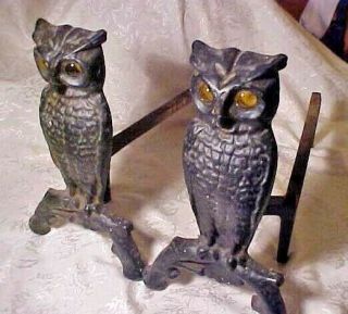Vintage Old Antique Cast Iron Glass Yellow Glowing Eyes Owl Fireplace Andirons
