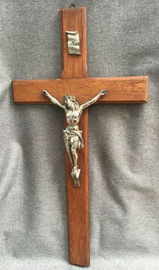 Big Antique French Crucifix Cross Silver Plate Wood 1930 