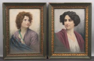 Pair Antique Signed ??? Pastel Portrait Paintings Of Young Women,  Nr
