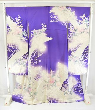 Vintage Silk Wedding Kimono:164cm Tall Furisode Chrysanthemum/lily@kd78