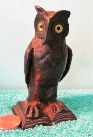Vtg Cast Metal Wise Owl,  Standing On A Book,  Bright Eyes