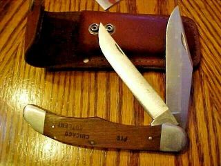 Vintage Chicago Cutlery P19 2 Bl.  Pocket Knife W/ Leather Belt Sheath