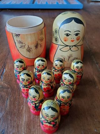 Antique Russian Nesting Dolls 11 Piece Matryoshka Babushka Little Matron Tea Kid