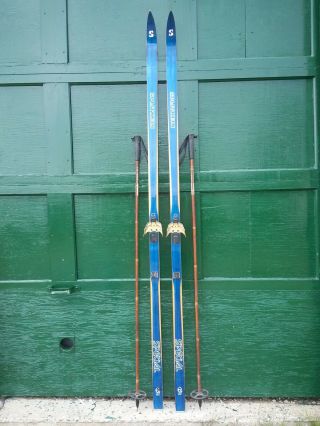 Vintage Wooden 79 " Skis Has Blue Finish And Bamboo Ski Poles