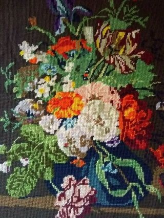 Vintage Royal Paris Completed Needlepoint Floral,  Flowers,  18 " X 14 1/4 "