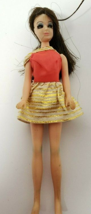 Vintage Topper Dawn Doll Brunette In Orange And Gold Short Dress