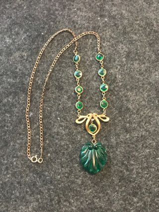 Vtg Art Deco Goldfill & Brass Emerald Green Faceted Glass Drop Necklace Czech