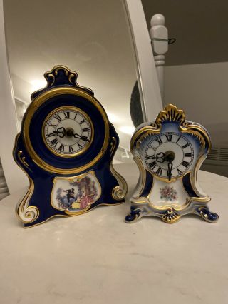 Vintage Czech Viva Porcelain Dalovice Set (2) Hand Painted Clocks Gold Gilded
