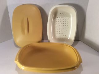 Vintage Tupperware 3 Pc Set Microwave Steamer 1273 - 7 Harvest Gold