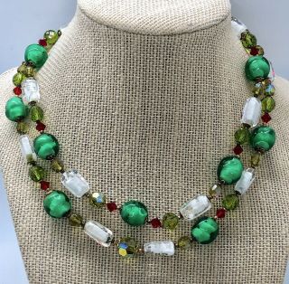 Vintage Glass Bead Necklace Green White Red Rhinestone Clasp Vintage 1950’s