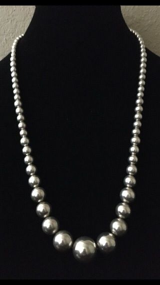 Vintage Sterling Silver Graduated Ball Bead Necklace 25 Inches Long,  58g.