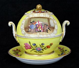 Antique Meissen Porcelain Punch Bowl & Stand,  Painted Hogarth Scenes,  Wolfsohn