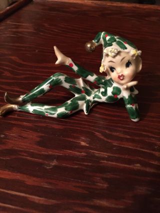 Lefton Christmas Holly Pixie Elf Figurine,  Vintage Gold Accents