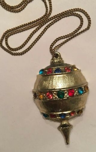 Vintage Multi Color Rhinestone Gold Tone Christmas Ornament Pendant Necklace