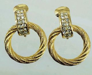 Vintage Christian Dior Signed Gold Tone Twisted Rope Rhinestone Clip Earrings