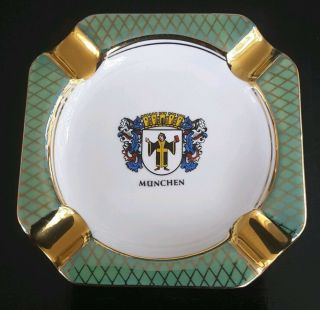 Vintage Munchen Bavaria Ashtray - Green & Gold Ceramic 4.  5 "