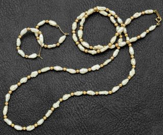 Vintage 14k Gold Freshwater Pearl Beaded Necklace & Hoop Earring Set 10.  2 Grams