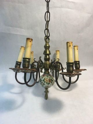 Vintage Hand Painted Italian Ceramic And Brass 6 - Arm Chandelier And Wall Sconce