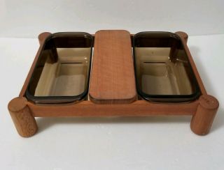 Vintage Corning Ware Wood Serving Trivet Set 2221wfn W 2 Glass Pyrex Loaf Dishes