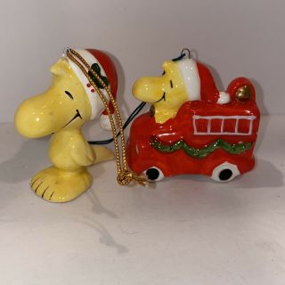 2 Woodstock Ceramic Ornaments Fire Engine Red Hat Christmas Peanuts Vintage
