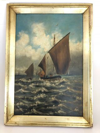 Antique 18th Century Oil Painting Sailing Ships & Figures Signed,  C.  R.  Ls N/r