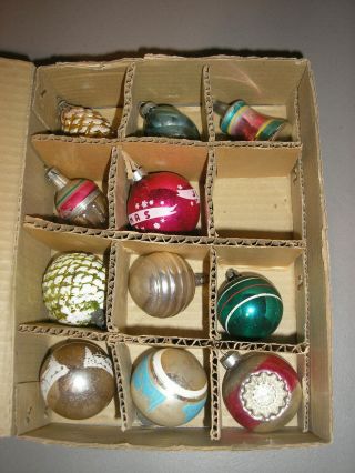 Vintage Glass Christmas Tree Boxed Ornaments (11) Bell,  Pine Cone,  Mixed