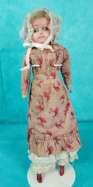 Antique Papier - Mache Head Doll Straw Stuffed Glass Eyes Doll Wig 14.  5 "